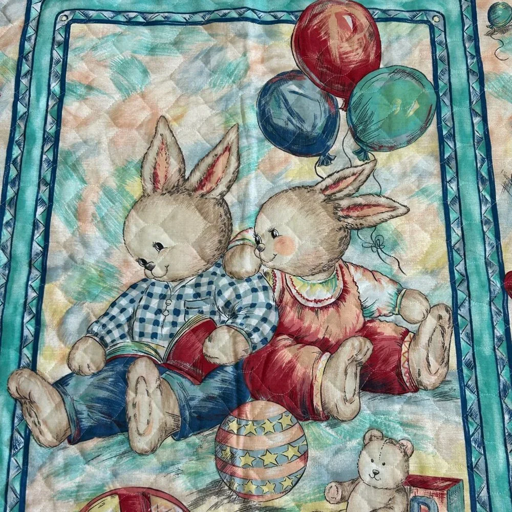 Handmade Baby Blanket Quilt Bunnies Rabbit Balloons Activity Play Mat 33x43 Inch